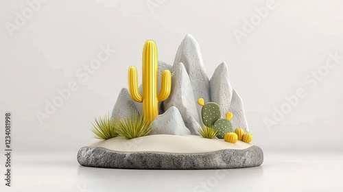 Gold Cactus and Grey Stone Mountain Minimalist Desert Scene