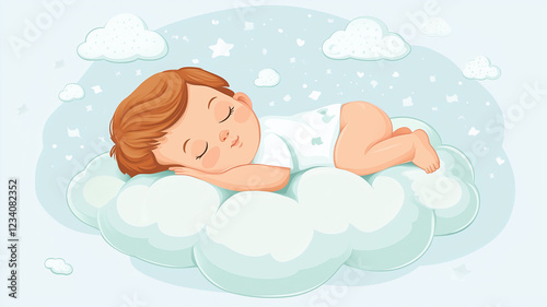 vector illustration of a baby lying on a cloud, with gentle pastel colors and soft lines, isolated on a transparent background,