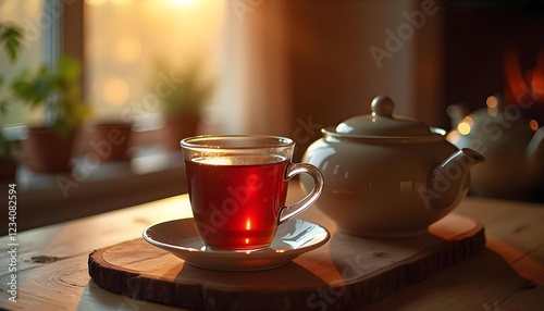 A cup of hot tea or coffee on a sunny morning in a cozy kitchen for breakfast photo