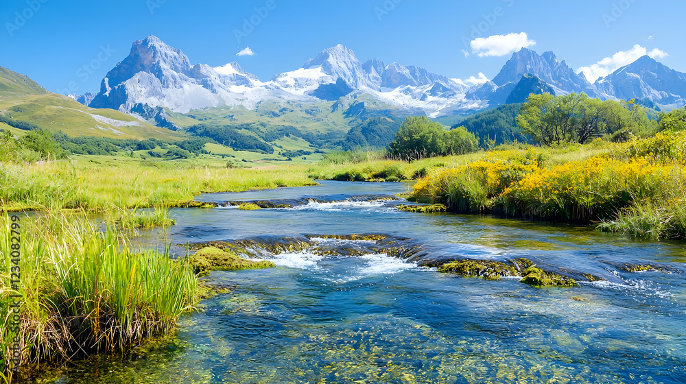 Fototapeta premium Mountain stream flows through alpine meadow, sunny day (2)