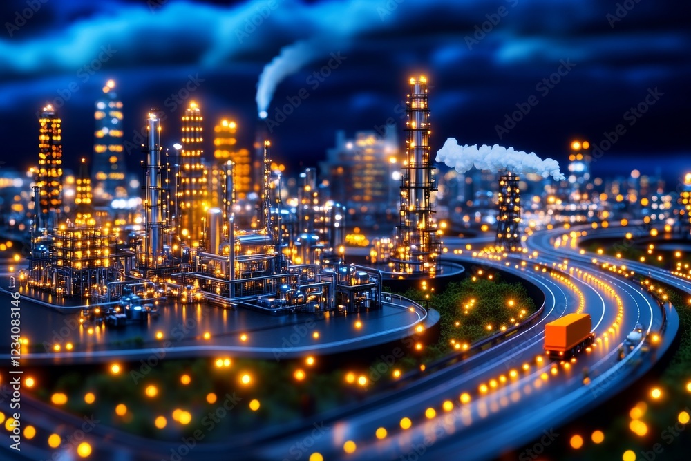 Fototapeta premium A sprawling oil refinery glows under the night sky. Generative AI