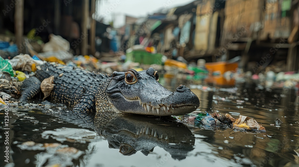Obraz premium Garbage-Infested Waterway Featuring Gharial in a Wide Angle Shot, Capturing Urban Pollution and Wildlife Interaction
