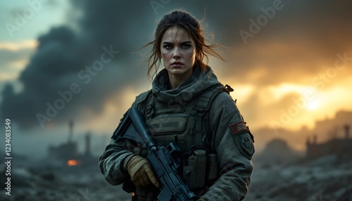 Female Soldier in Post Apocalyptic Sunset Scene