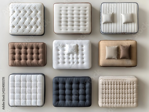 Stylish mattress display home showroom product showcase indoor overhead view