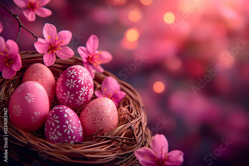 Pink Easter eggs in nest, spring blossoms. Holiday greeting card