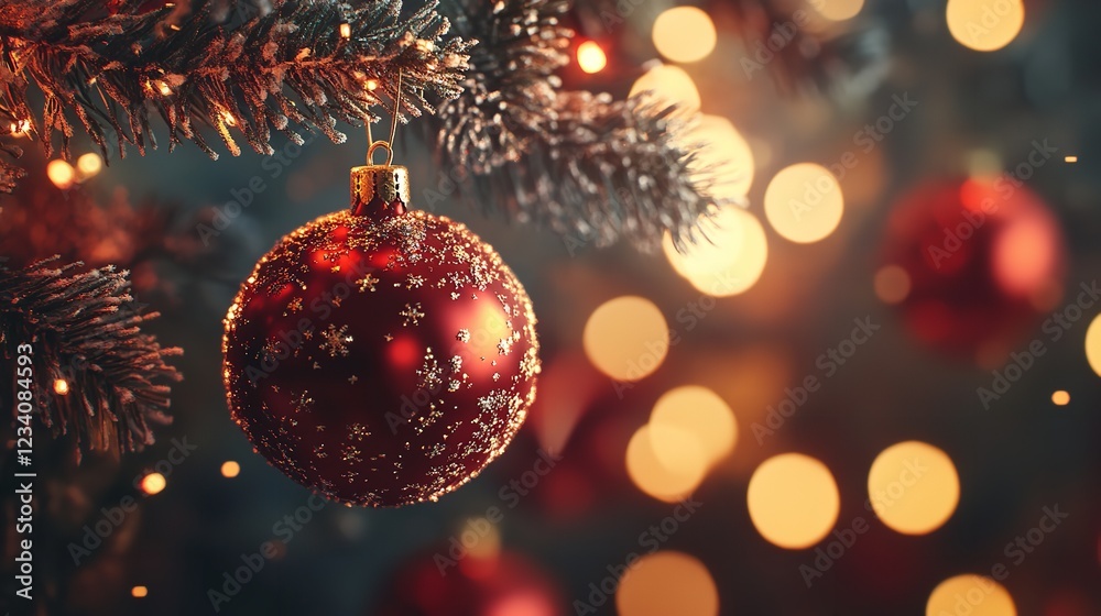 A Sparkling Red Ornament Adorned With Snowflakes Hangs On A Frosted Christmas Tree Branch, Bathed In Warm Golden Holiday Lights, Evoking A Feeling Of Cozy Winter Magic A Sparkling Red Ornament Adorned With Snowflakes Hangs On A Frosted Christmas Tree Branch, Bathed In Warm Golden Holiday Lights, Evoking A Feeling Of Cozy Winter Magic