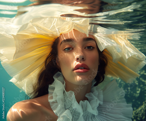 A woman in a flowing yellow pleated hat and ruffled dress submerged in water. Elegant fashion editorial with a dreamy and artistic underwater aesthetic.