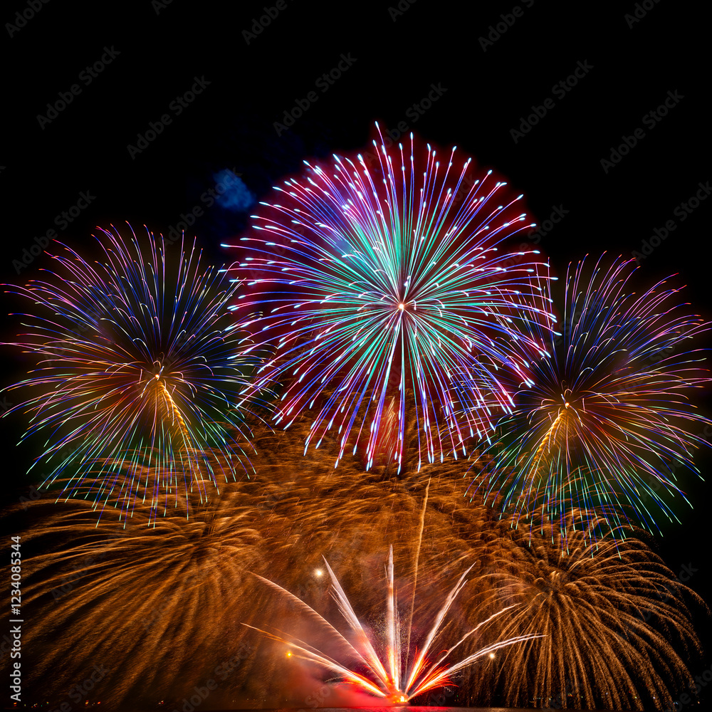 colourful firework display set for celebration happy new year and merry christmas and fireworks on black background