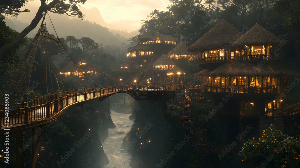 Fototapeta premium Jungle resort bridge night scenic view
