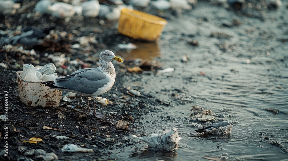Obraz premium Seagull on the Shoreline Amongst Debris and Garbage in a Natural Habitat Wide Angle Perspective