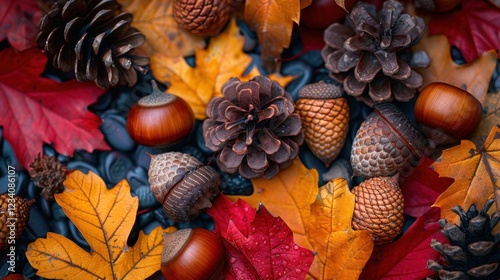 There are many different types of leaves and nuts on the ground photo