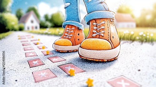 Child's Feet in Orange Shoes Following Star Path, Whimsical