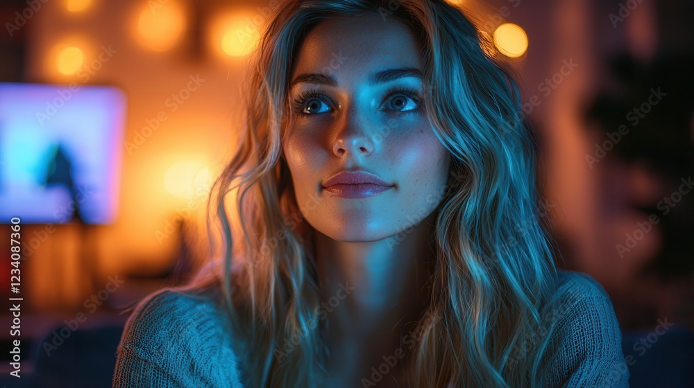 Remote teams thrive with cloud-based tools in their virtual office. Contemplative woman illuminated by soft, colorful lights. Remote teams thrive with cloud-based tools in their virtual office. Contemplative woman illuminated by soft, colorful lights.