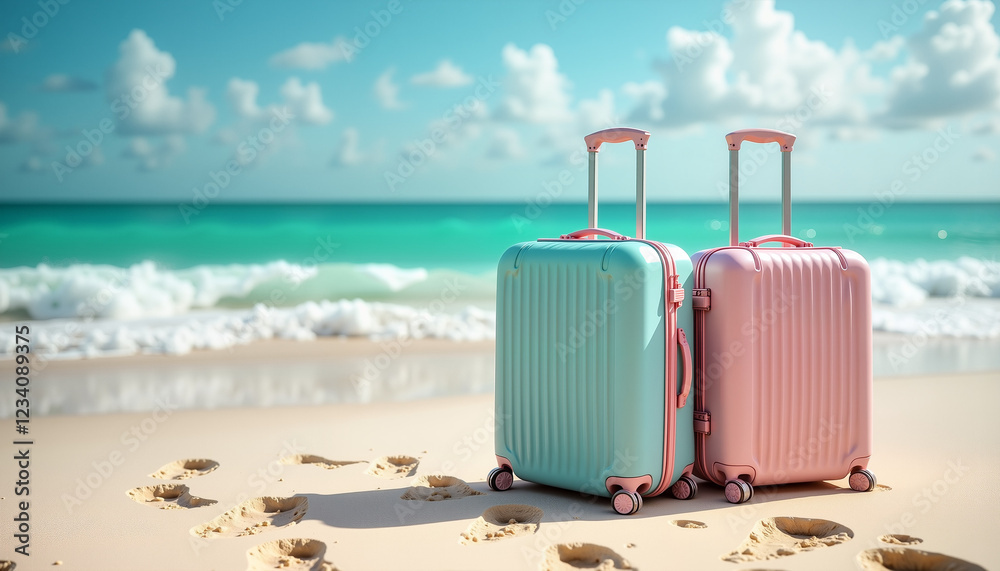 Luggage bags on sandy beach with ocean waves in background Luggage bags on sandy beach with ocean waves in background