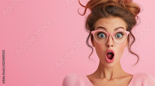 Surprised young woman with glasses and styled hair against a pastel pink background.