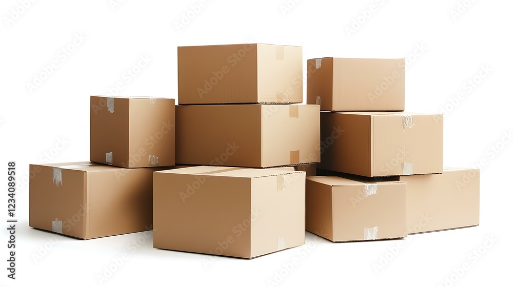 Multiple cardboard boxes stacked on top of each other, isolated on a clean white background, symbolizing logistics and inventory management Multiple cardboard boxes stacked on top of each other, isolated on a clean white background, symbolizing logistics and inventory management