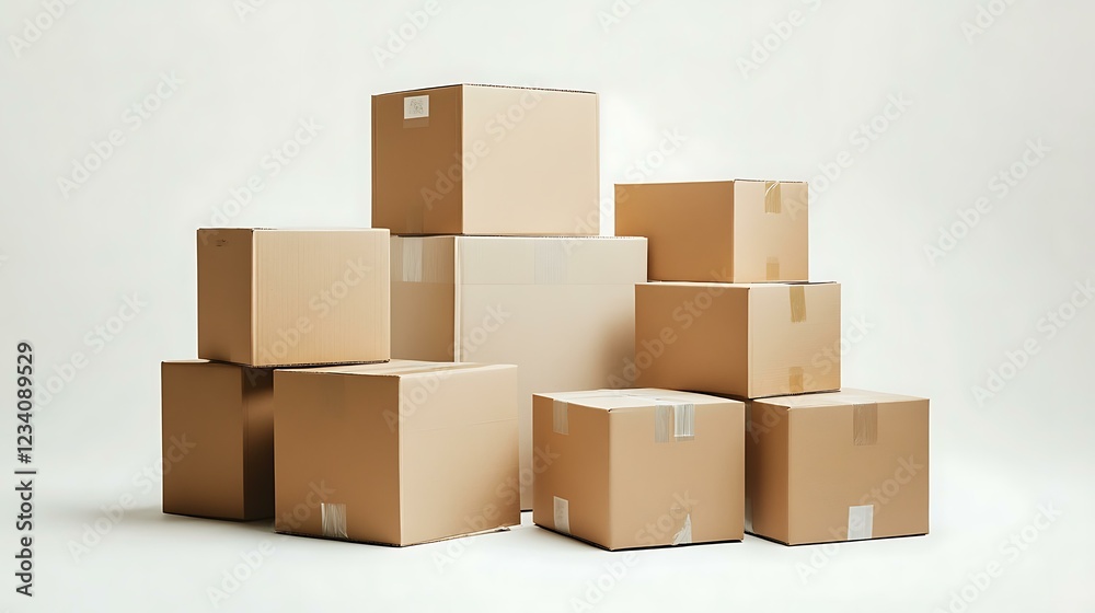 Several closed cardboard boxes in a warehouse-style arrangement, isolated on a white background to highlight their function in logistics and shipping Several closed cardboard boxes in a warehouse-style arrangement, isolated on a white background to highlight their function in logistics and shipping
