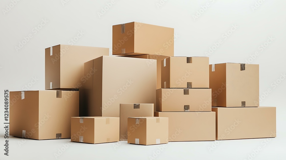 Several closed cardboard boxes in a warehouse-style arrangement, isolated on a white background to highlight their function in logistics and shipping Several closed cardboard boxes in a warehouse-style arrangement, isolated on a white background to highlight their function in logistics and shipping