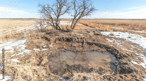 Winter farmland puddle, trees, snow, flat landscape, environmental photo