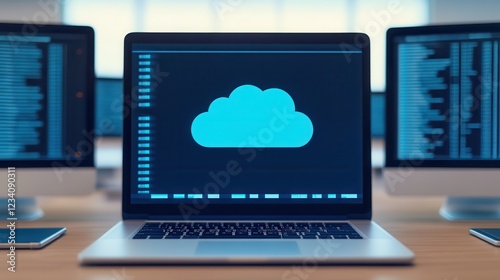Remote teams thrive with cloud-based tools in their virtual office. Laptop displaying cloud symbol with coding in background.