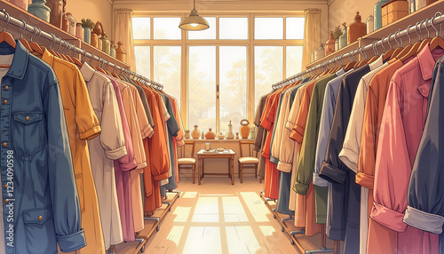 Eclectic clothing rack in warm thrift shop, nostalgic atmosphere
