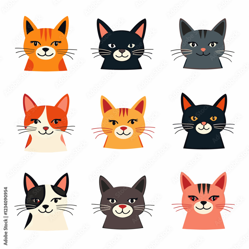 Cats are cartoon and flat colorful, good-natured, in different colors, unusual faces, various poses set. Playful kittens, home pets. Bright butterflies fly around. Vector illustration
