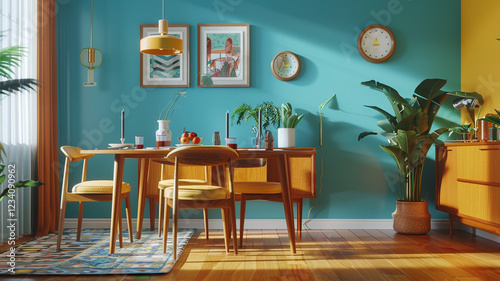 A retro-inspired dining room with clean lines  wooden furniture  and bold color accents  offering a stylish and timeless look