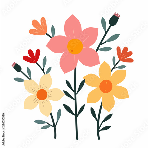 Vector flower collection in simple hand drawn cartoon style. Colorful cute spring flowers set isolated on white. Floral botanical illustration, natural blossom, blooming.