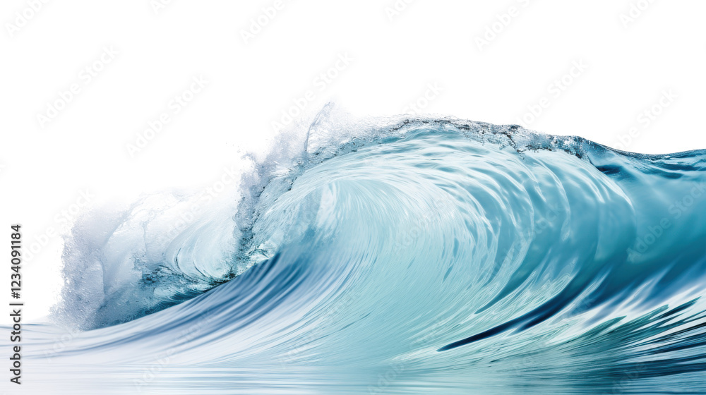 A stunning wave forms and crashes with vibrant colors against a serene white background. The intricate details reveal the fluid motion and energy of the ocean water, captivating and refreshing