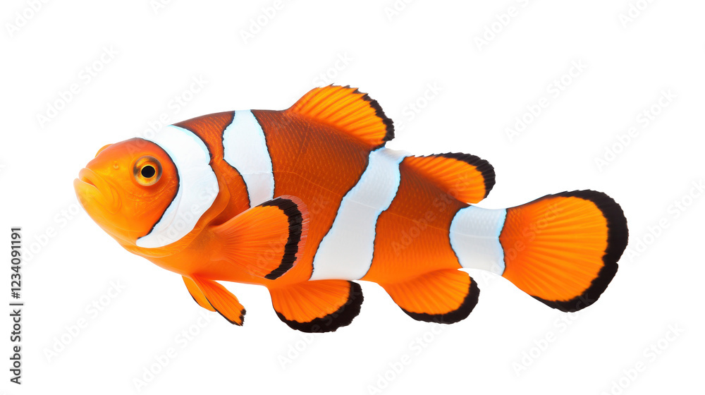 Fototapeta premium A vibrant clownfish swims gracefully in an isolated aquatic environment. Its striking orange and white colors stand out, highlighting the unique patterns on its body