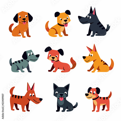 Dogs doodle vector set. Cartoon dog or puppy characters design collection with flat color in different poses. Set of funny pet animals isolated on white background