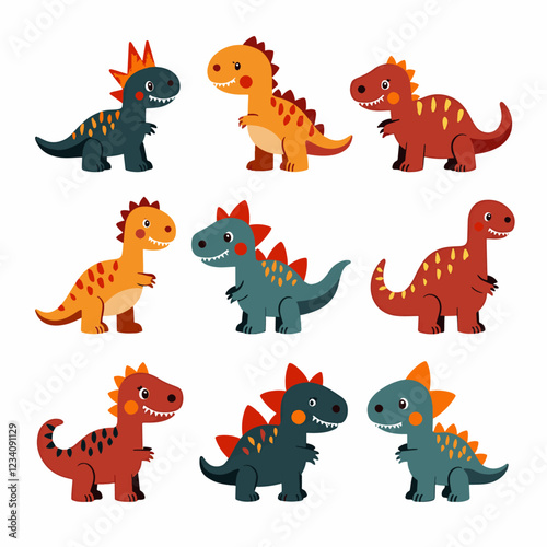 Set of vector illustrations in cartoon style. Super Cute dinosaurs on white background