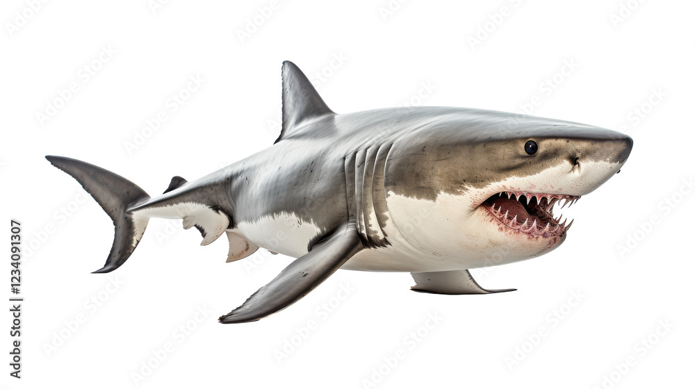 Fototapeta premium A lifelike great white shark swims effortlessly through a vibrant underwater landscape, showcasing its powerful physique and distinct features in a tranquil marine setting