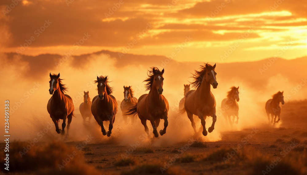 Fototapeta premium Wild horses gallop through dust and golden sunset light, embodying power and freedom.