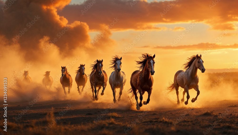 Fototapeta premium Wild horses gallop through dust and golden sunset light, embodying power and freedom.