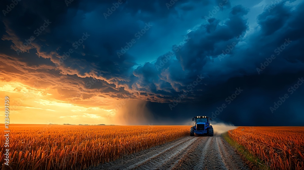 Fototapeta premium Blue Tractor in a Wheat Field During a Dramatic Sunset