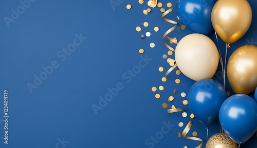 Festive Blue and Gold Balloons With Confetti on Blue Background