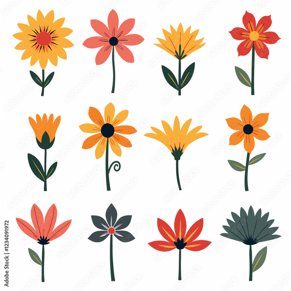 Set of floral elements. Flower and leaves Isolated On White Background	