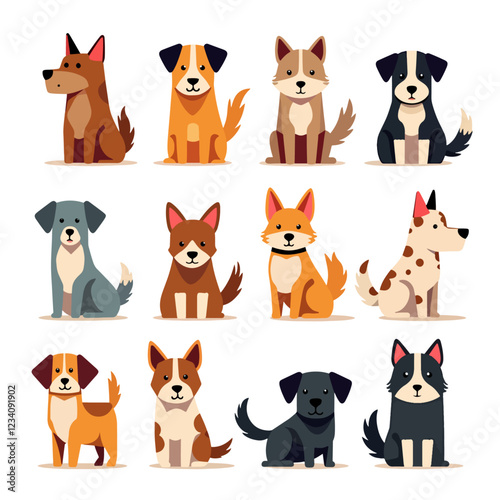 Dogs doodle vector set. Cartoon dog or puppy characters design collection with flat color in different poses. Set of funny pet animals isolated on white background
