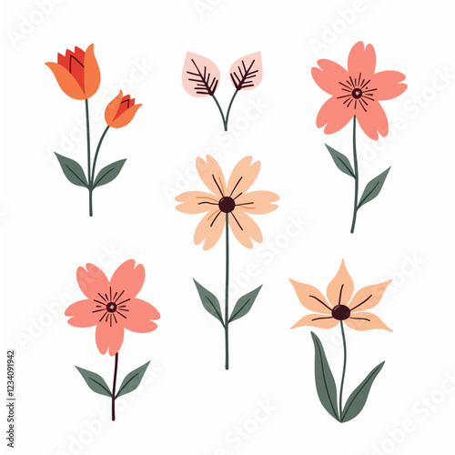 Flowers flat icons. Color vector illustration. Different flowers with green leaves vector illustration. Logo symbols for ui design and business promotion	
