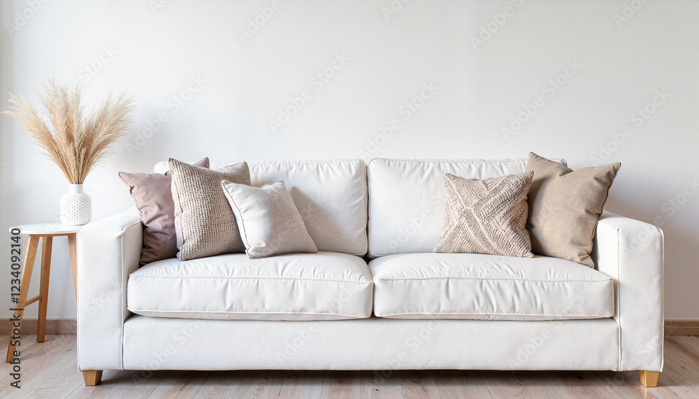 Minimalist Scandinavian sofa with decorative pillows in calm space, simplicity Minimalist Scandinavian sofa with decorative pillows in calm space, simplicity
