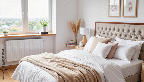 Elegant bedroom with plush bedding and natural light, cozy decor
