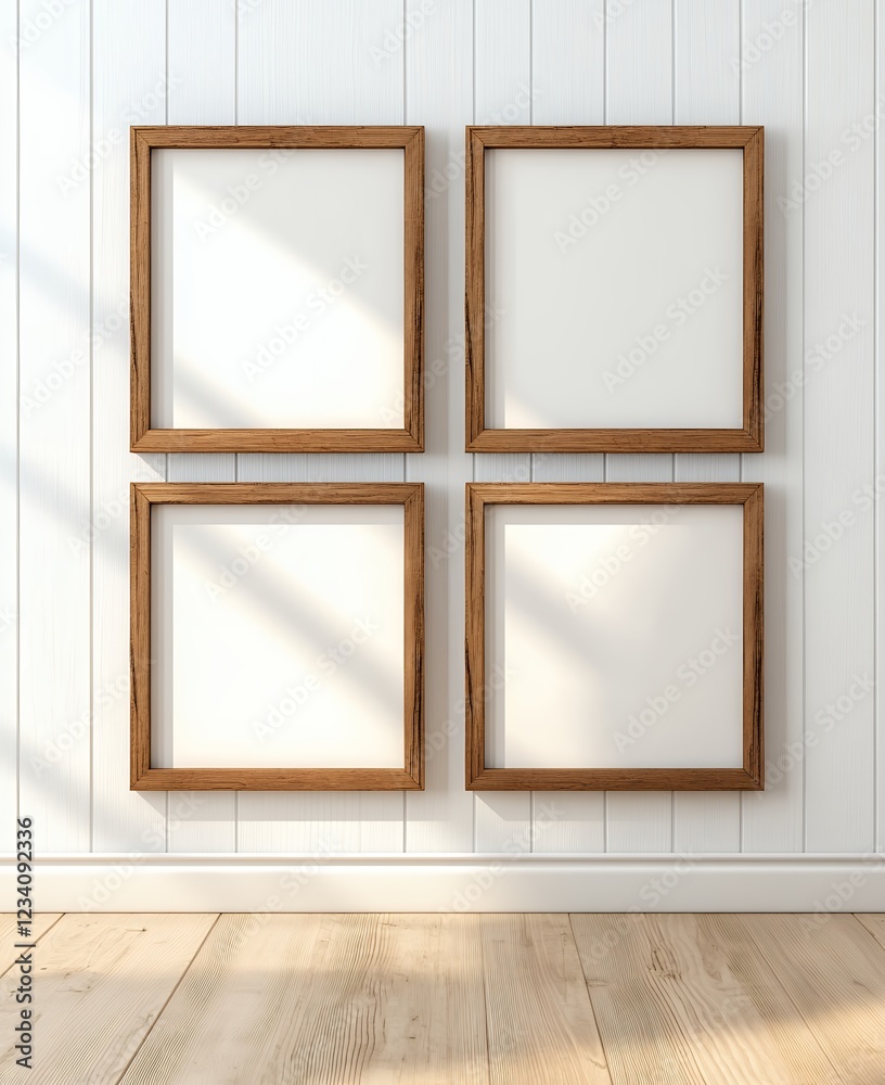 Fototapeta premium Four Empty Rustic Brown Square Frames on White Paneled Wall with