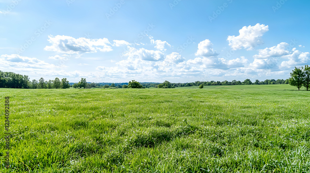 Fototapeta premium Sunny green field landscape, summer day, idyllic countryside