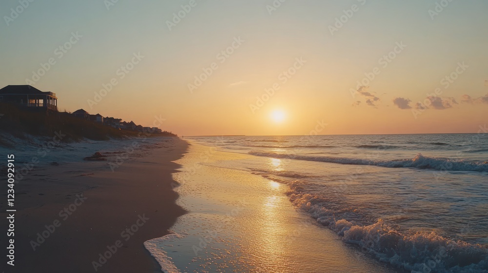 Fototapeta premium Golden Sunset Over Calm Ocean Waters Reflecting on the Shoreline at Dusk