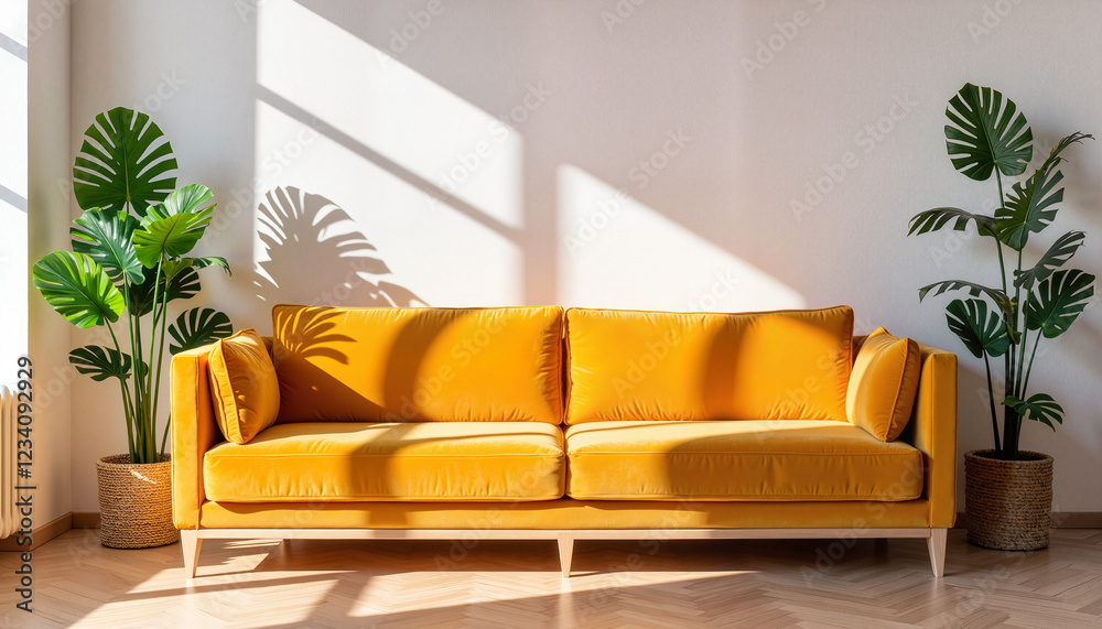 Fototapeta premium Vibrant yellow sofa in spacious living room with sunlight, cozy ambiance