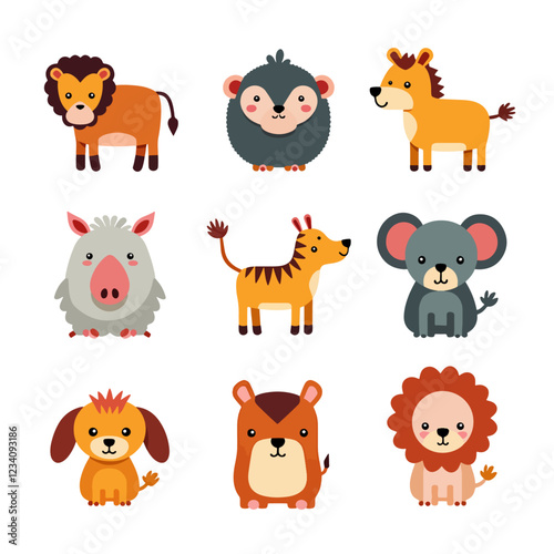 Cute wild animals cartoon sitting vector illustration. Baby shower woodland animals illustration.