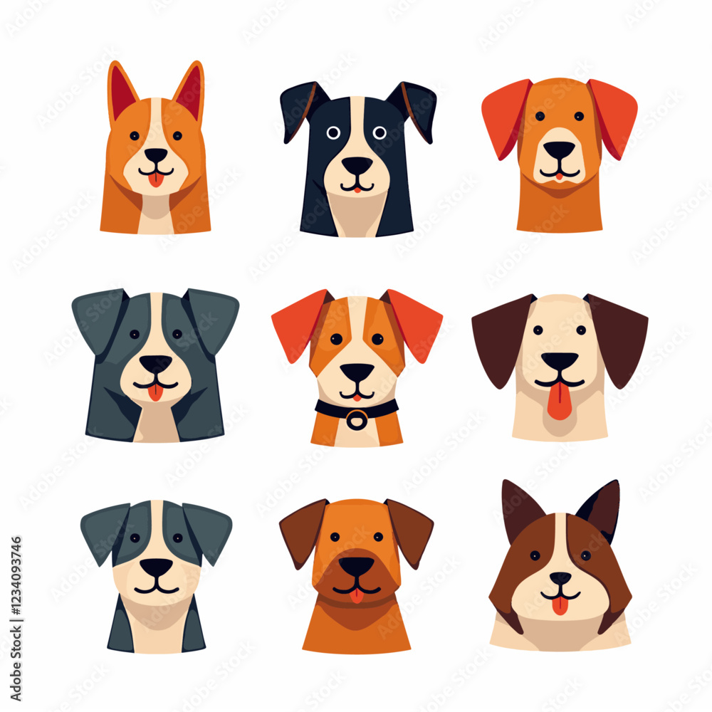 Fototapeta premium Cute dogs doodle vector set. Cartoon dog or puppy characters design collection with flat color in different poses. Set of funny pet animals isolated on white background.