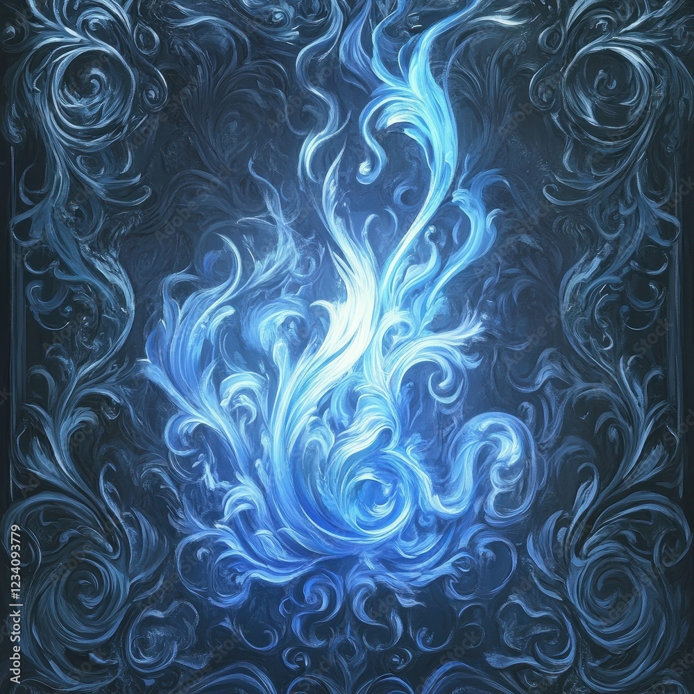 Abstract Blue Flame Design With Swirling Floral Patterns