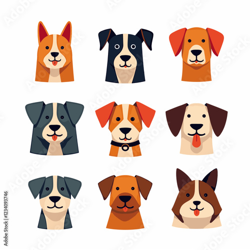 Cute dogs doodle vector set. Cartoon dog or puppy characters design collection with flat color in different poses. Set of funny pet animals isolated on white background.